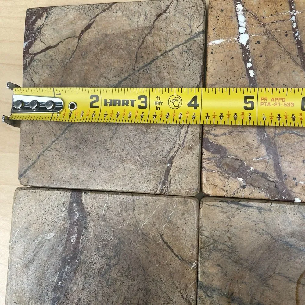 Marble Stone Coaster Set of 4 w Wood Holder Natural Veining Square Heavy